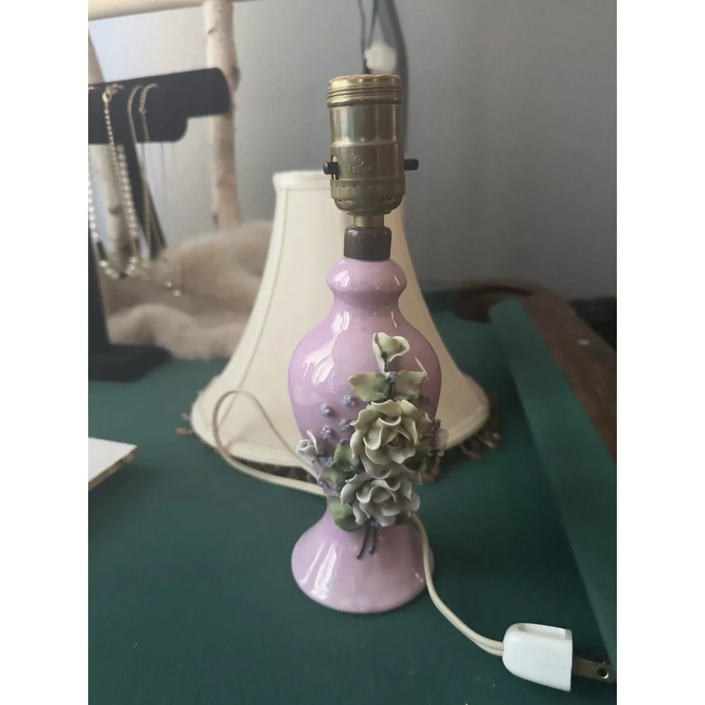 Lamp German Pink Porcelain Floral Elfinware Empire Beaded Tassel Shade Working